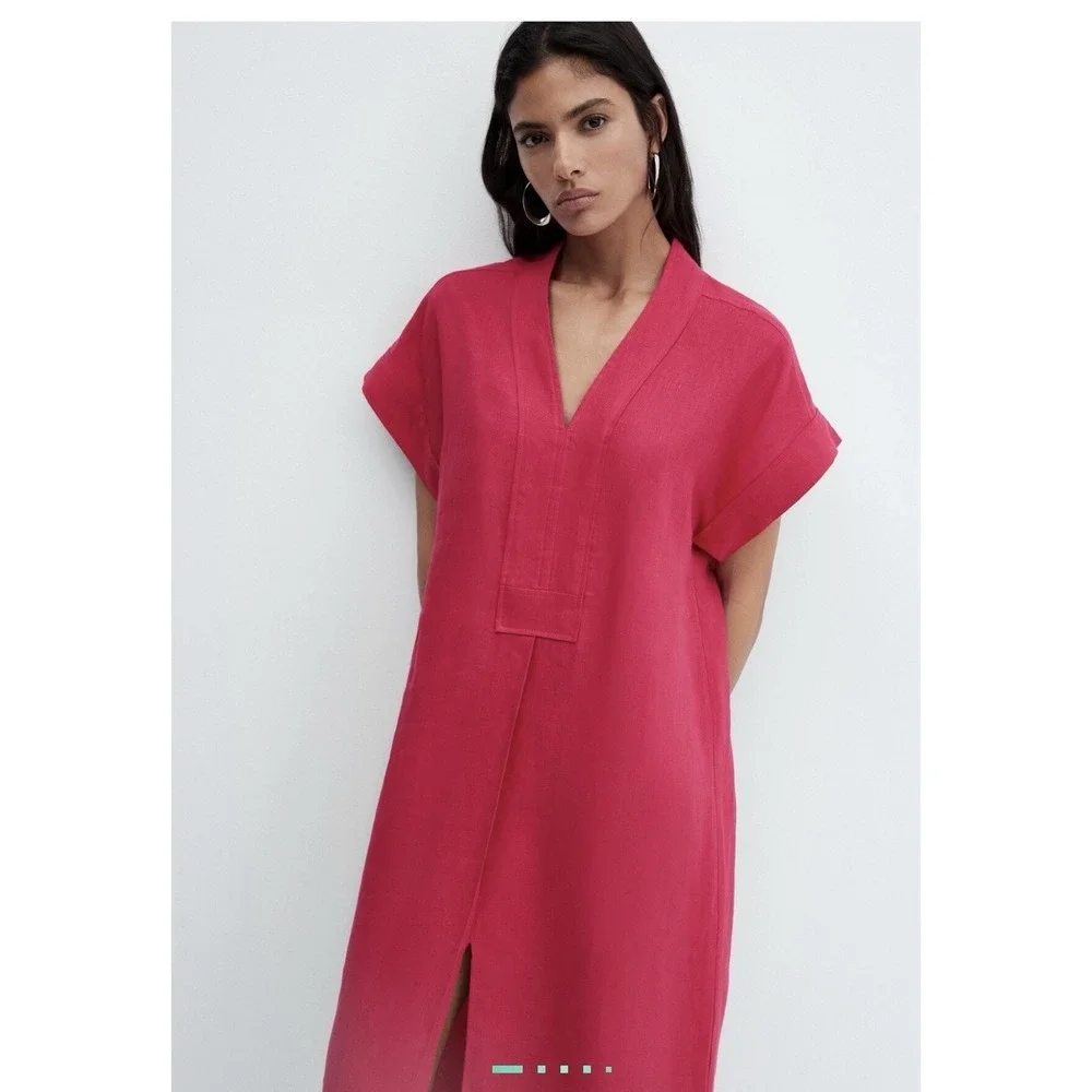 Mango MNG 100% Linen Dress MIDI Fuchsia Pink Sz Small Coastal Shift Casual